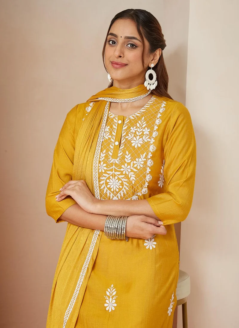 ZERESOUQ Mustard Silk Blend Straight Embroidered 3-Piece Kurta Set